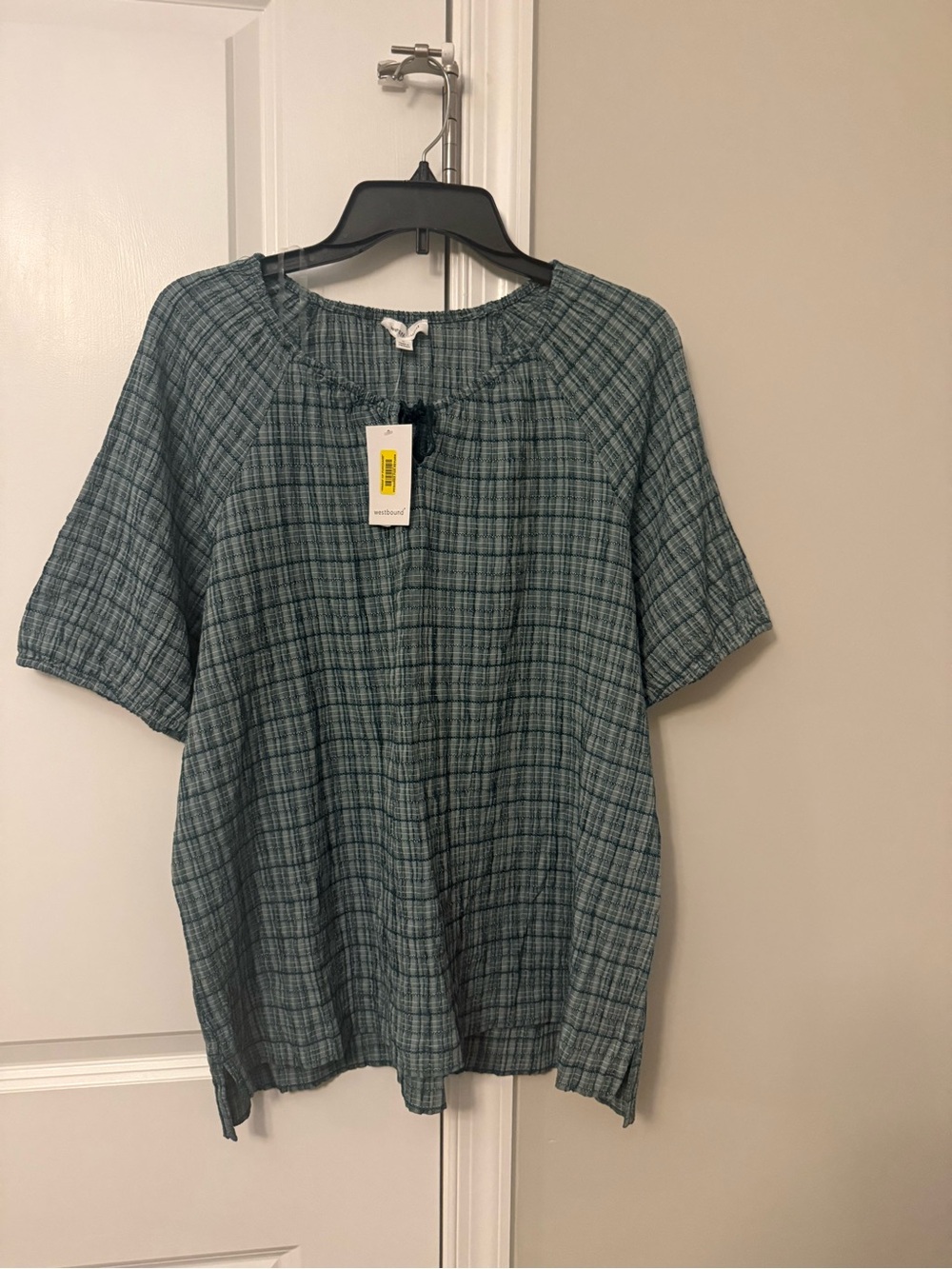 Westbound Teal Plaid Short-Sleeve Peasant Top